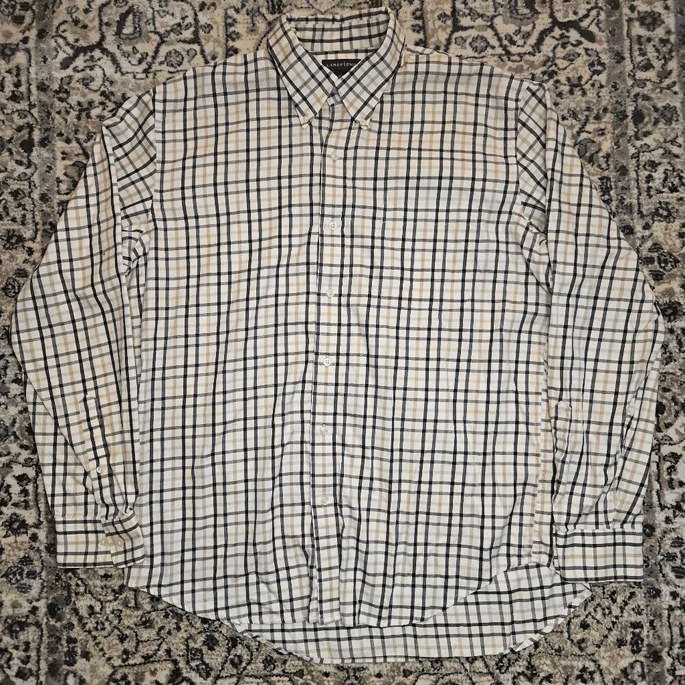 Lands' End Cotton Plaid Button Down Shirt Cream Navy Mens L Business Casual